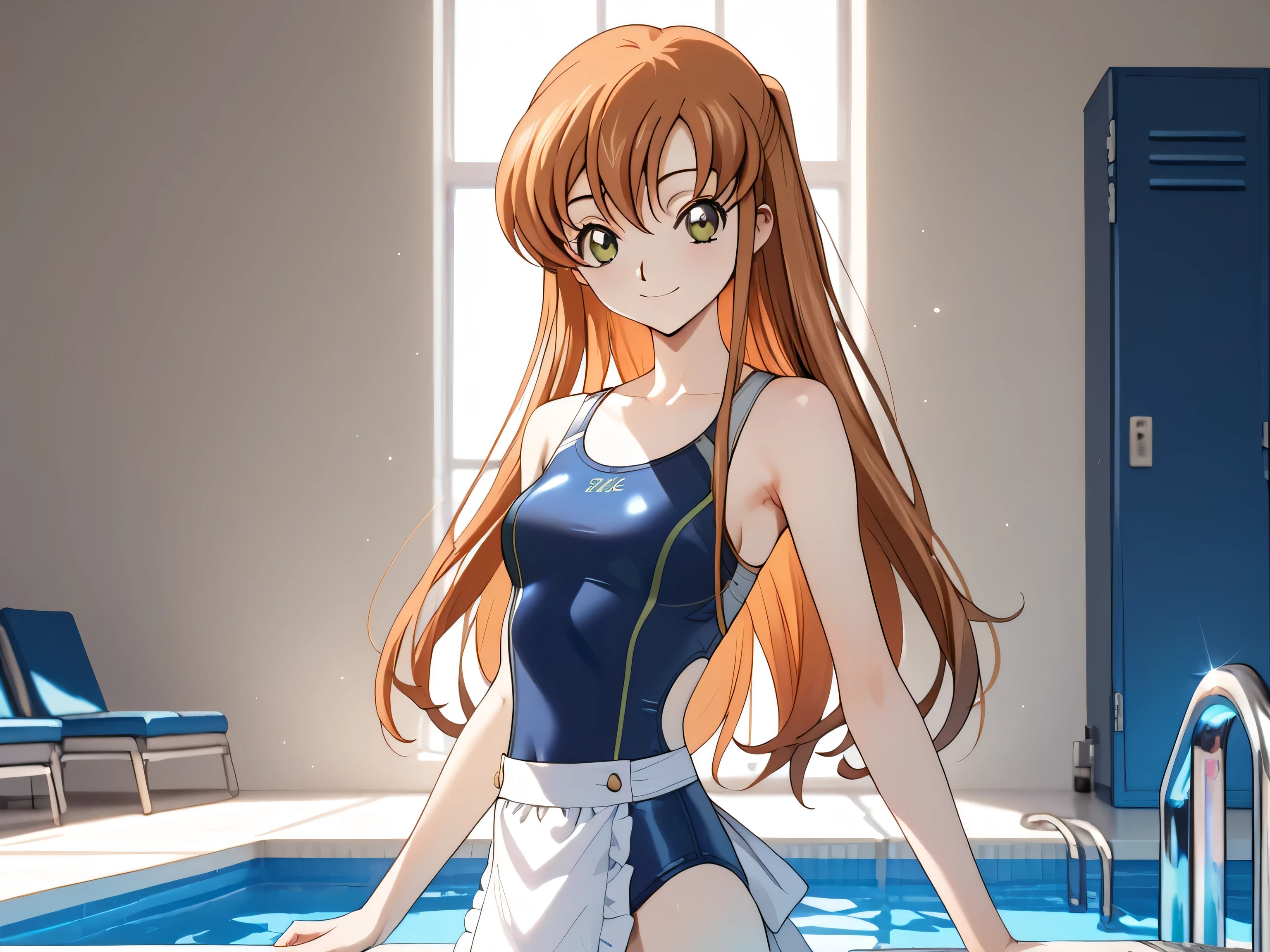 (best quality, high resolution, 8k, masterpiece:1.2), (anime)A cute girl with orange hair and green eyes, Shirley Fenette from Code Geass, wearing a tight navy blue competitive swimsuit and a white waist apron, standing confidently with a warm smile, detailed anime style, vibrant colors, soft lighting, simple background with a pool or locker room setting