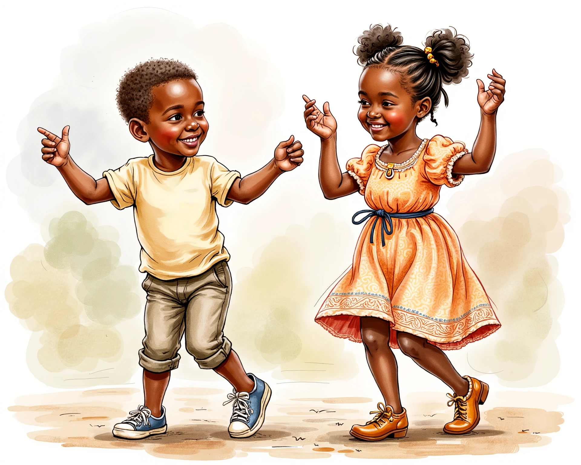 A joyful Yoruba boy and girl, both aged between 6 and , dancing with energy and excitement. They are front-facing and standing apart from each other, each in their own expressive dance pose. The boy has a well-cut short haircut and wears a casual outfit, such as a short-sleeved top with matching trousers in a simple or subtly patterned Ankara fabric, or a comfortable T-shirt and shorts. The girl has neatly braided short hair in a traditional suku hairstyle, with the braids running from the sides to the center of her head in an elegant pattern. She wears a knee-length, short-sleeved dress with a slight flare, possibly decorated with cultural motifs or soft patterns. Their dance movements are natural and lively, with the boy’s arms slightly raised and his legs mid-step, while the girl sways with grace, her arms positioned expressively. The background is softly blurred, hinting at an open space, either outdoors or in a festive setting, with warm lighting enhancing the vibrant colors of their outfits.




Water color illustration, no background