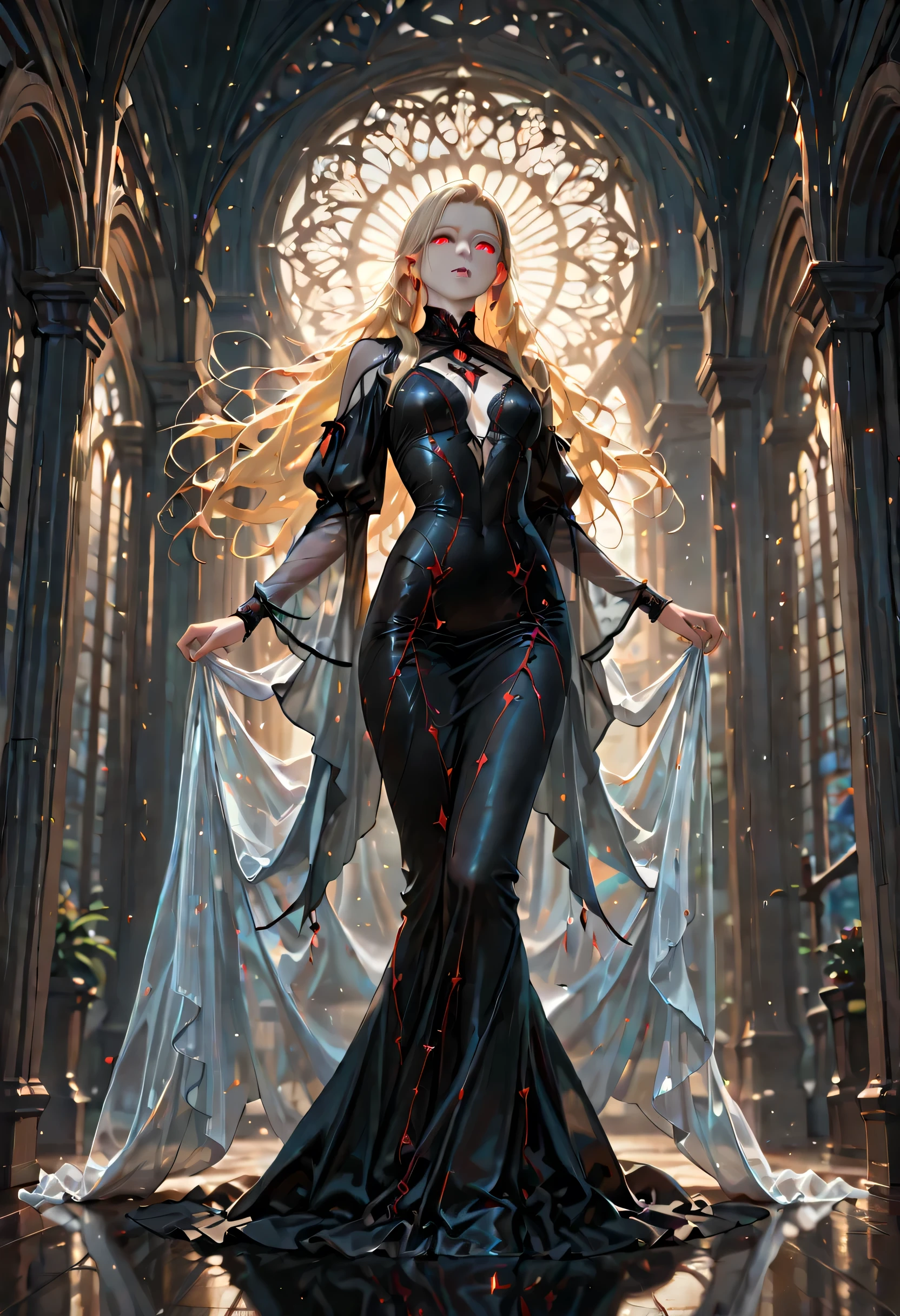 dark fantasy art, a picture of a fantasy, beautiful female vampire, best detailed face,  pale skin, blond hair, glowing eyes, red eyes, wearing black dress, (transparent voile fabric dress: 1.2), intricate dress, it is night time, the moon is in the sky, a sense of eternal love, soft light. moon rays. high details, best quality, 16k, [ultra detailed], masterpiece, best quality, (extremely detailed), ultra wide shot, photorealistic, RAW, fantasy art, dnd art, fantasy art, realistic art,((best quality)), ((masterpiece)), (detailed), perfect face, fantasy