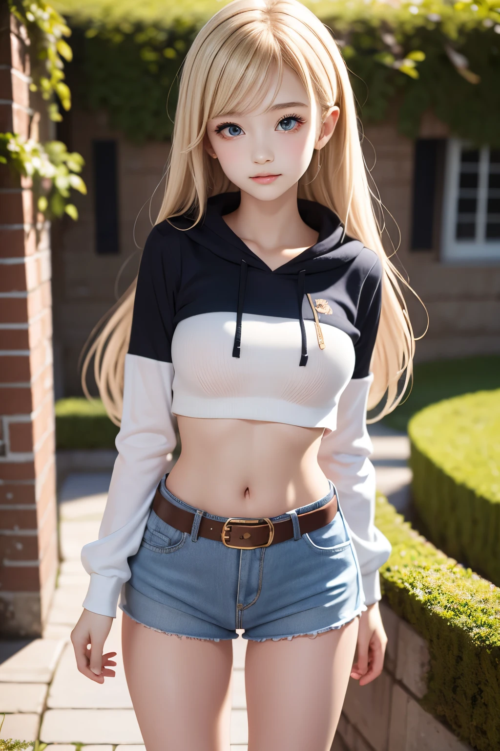 masterpiece,best quality,very detailed,photorealistic,realistic, Ultra High Resolution, Masterpiece,pretty girl,elegant,,very long blonde,skinny,Completely,slender,(smaller breasts),so cute,hoodie,hotpants,belt,over the knee socks,garden,squirt, correct handshake,Active Poses,Outdoors