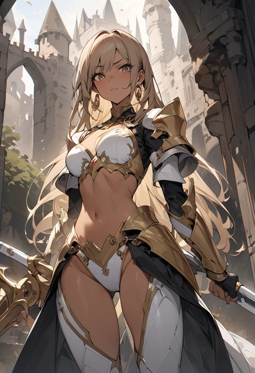1girl, blonde hair, long hair, amber eyes, bikini armor 