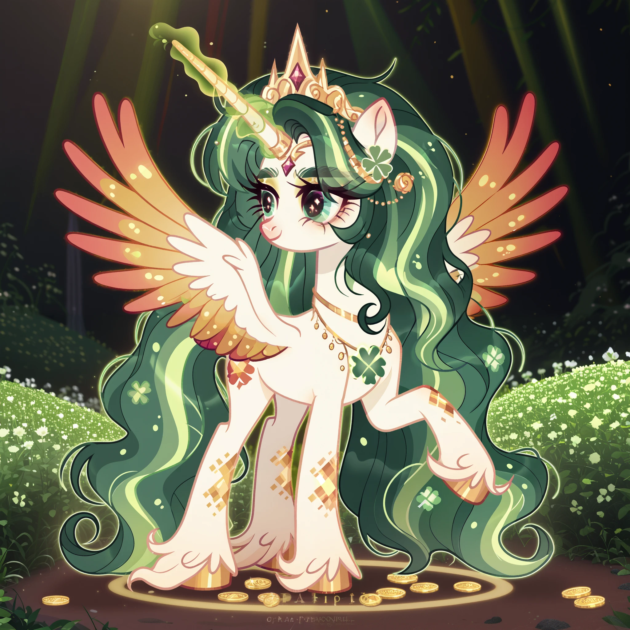 score_9, score_8_up, score_7_up, score_6_up, score_5_up, score_4_up, show accurate, full body, detailed background, feral pony, female pony, regal and enchanting appearance, original character, alicorn with a golden horn and large golden-feathered wings adorned with green clover patterns, pure white body with intricate golden swirls and shimmering highlights, emerald green flowy mane and tail decorated with small pink flowers and clovers, polished golden hooves, radiant and magical presence, glowing green gemstone necklace in the shape of a clover, majestic pose, captivating emerald eyes, intricate detailing, glowing aura of magical sparkles and rainbows, subtle and refined shading,
High Resolution, bright mystical forest environment with vibrant green hues, daylight with magical sparkles, surrounded by gold coins, clover-shaped ornaments, and a pot of gold, rainbow in the distance, lush greenery with clovers, atmospheric lighting, enchanting and whimsical setting, graceful and powerful pose, smooth harmonious composition, score_9, score_8_up, score_7_up, score_6_up, score_5_up, show accurate, full body, detailed background, feral pony, magical and radiant appearance, original character, alicorn with a glowing golden horn, white body with intricate golden patterns, emerald green flowing mane and tail, adorned with delicate pink flowers, polished golden hooves, majestic and ethereal expression, bright and divine vibes around character, clean and vibrant shading, enchanting and festive appearance, large, expressive teal eyes, accessorized with golden clovers, necklaces with dangling ornaments, and a golden shamrock-shaped chest piece, High Resolution, fantasy-themed environment, glowing foliage, piles of golden coins, rainbow in the background, soft magical aura, vivid green grass, colorful flowers, no scarf, proud and regal pose, sunlight beams enhancing golden tones, vivid sparkling magic effects, charming mythical atmosphere.