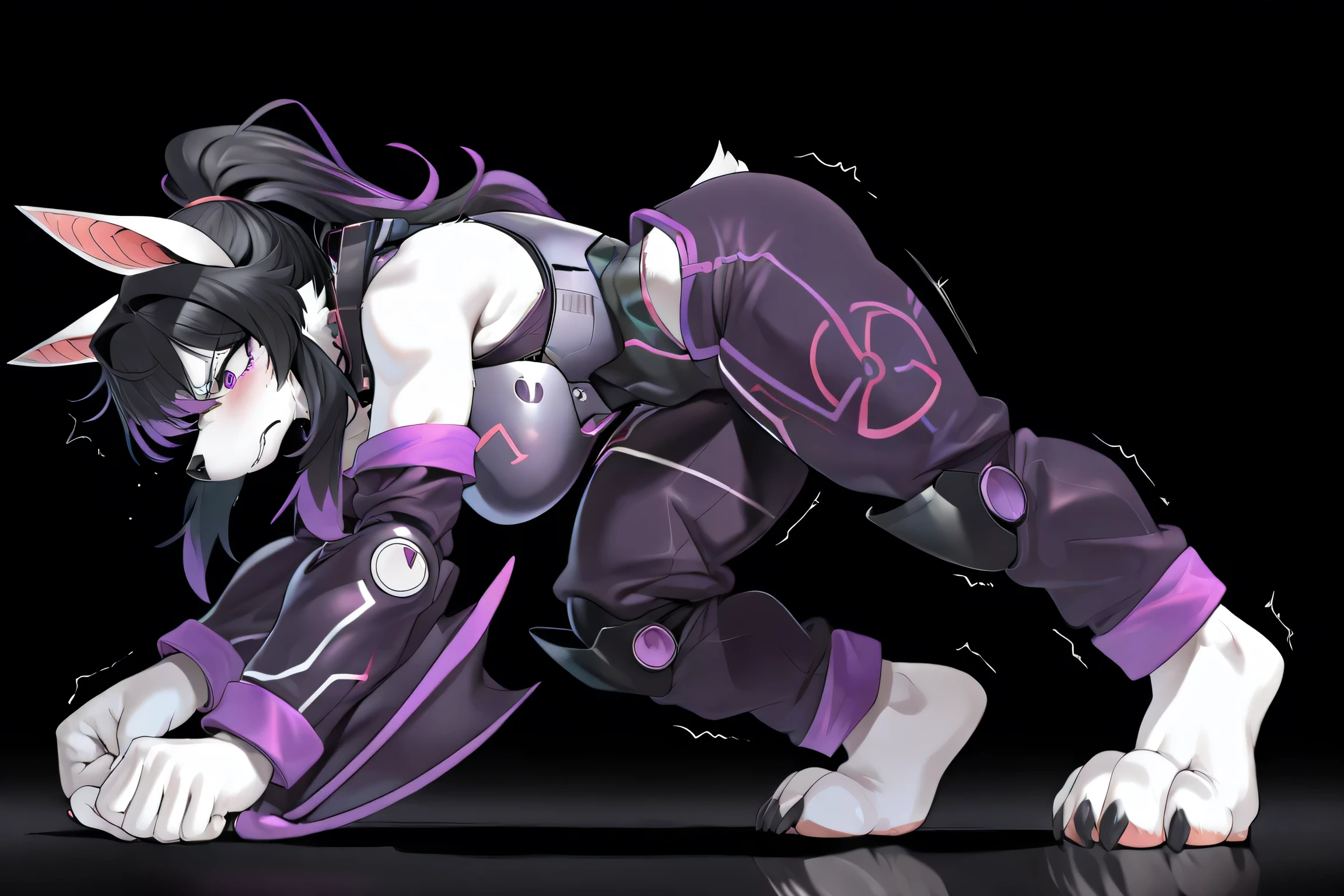 masterpiece, best quality, anime shading, full body picture, athletic body type, centered, three quarter view, 1girl, ((single view)), ((alone)), anthro, furry, fox female, ((white fox)), ((bat ears:1.5)), purple eyes, white fur, white skin, ((shoulder length black hair with purple highlights)), ((struggling to get up from on the ground)), tall with large breasts, ((bare shoulders)), white paws, black claws, black nose, digitigrade legs, digitigrade paws, big foot paws, ((wearing black mecha armor with purple trim)), ((cybernetic chest armor)), ((solid black background)), score_9_up, score_8_up, score_7_up, score_6_up, score_5_up, score_4_up, ((safe content)), side view, ((safe for work))