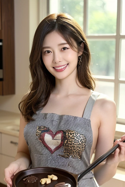(High Performance System Cooking Picture:1.3), ((concentrating on making homemade sweets in her modest kitchen)), ((Beautiful Woman Wearing a Tiger Skin Apron Making Chocolate Treats.)),break, (Although she is 、Picture of a woman wearing a tiger skin apron、Cooking in the Kitchen.)), ((Making a Giant Heart Shaped Chocolate Cake)), ( she wears a leopard print apron :1.3), (A loose apron:1.1), (masterpiece:1.3), masterpiece, Real Texture , Perfect job, Highly detAIled CG Unity 16k wallpaper, high resolution, very high quality, ((Artist's Work)), (photorealism:1.2), Very fine detAIls, elegant,( soft natural light ), Cute Trend , (she's a Japanese idol), beautiful face, Attractive, Beautiful hAIr, (Medium hAIr:1.3), (swept bang:1.1), (Ultra-high resolution eye:1.1), light makeup, red lips, plump lips, shiny skin, smooth skin, break,(upper body shot:1.1), (gentle smile like a goddess), ( charming smile :1.1), ( nice smile), break, ((perfect fingers with accurate contours)), Raw footage , ( The kitchen is wider 々silver tray with one hand on the:1.4), ((Depicts the depth and width beautifully:1.3)),( upright position:1.1), (Front shot:1.2), (Front POV :1.3), (close-up:1.1)