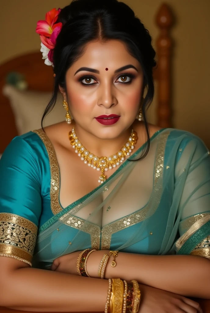 Indian milf, hair bun, plump , busty, thick, on knees, close up, sea, 38 yo, necklace, long lockets, boat, off shoulders