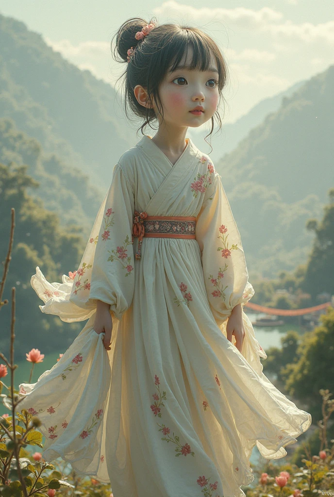 A little Taoist priest in a white dress,(younge boy),brunette color hair,Keep your eyes open,with a smile on her face,center framing,对称,cinmatic lighting,mountain background,bokeh --auto