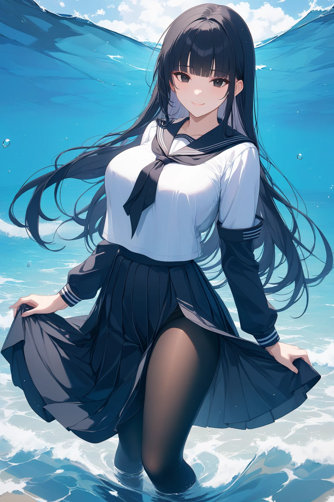 1girll, Beautiful detailed eyes, Brown hair long, Light blue eyes, a sailor suit, High white stockings, Glossy glossy skin, Seaside, beach, Waves, High contrast,ssmile,Side Body,Turn Back,no head gear, a black skirt,((Masterpiece, Best quality))