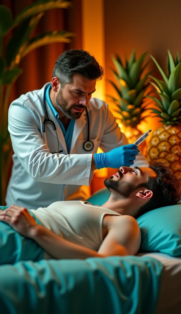 Female doctor opening the diaper of an extremely hairy bearded young mixed race man in a diaper lying down.