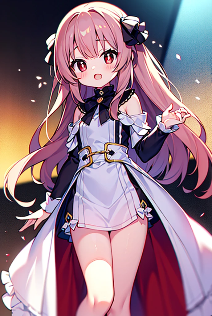 beautiful illustration, best quality, cute petit girl, (transform sequence), transform magical girl, chibi, white magical girl, fractal art, albino, babyface, long pure white and red mesh hair, beautiful detailed red eyes, cinematic lighting, cowboy shot, looking at viewer, from bottom, happy