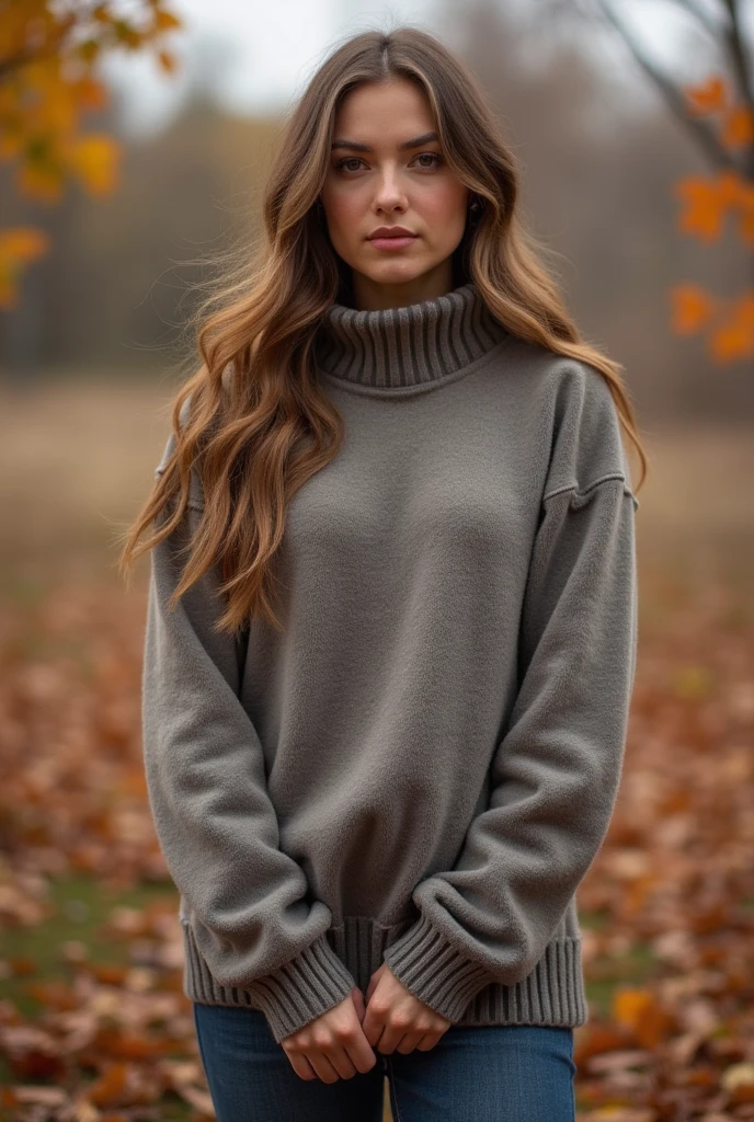 1girl 18 years old, nur, Lange Haare, midsize boobs, pullover, Blick auf den Betrachter, hellblondes Haar, nackte Schultern, braune Augen, Schmuck, full entire body, Halskette, schulterfrei, outfit, lips, realistisch, Nase, Flirten mit der Kamera, portrait, nature