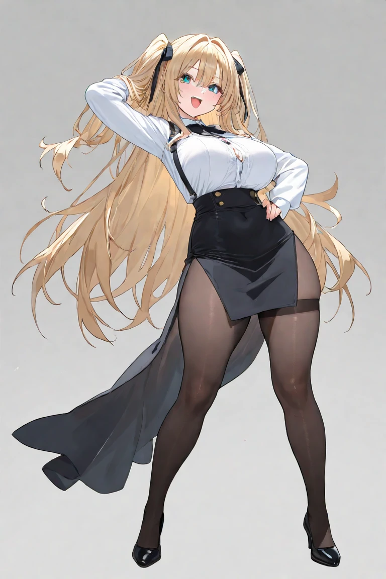 (best quality, masterpiece, highres),1girl,solo, sandy blonde hair,hair,twintails,,black pantyhose,pout,sitting,blush,simple background,looking to the side, green eyes, blush, juicy lips, glossy skin, glittery eyes, doll eyes, black footwear, black pantyhose, brown dress, brown headwear, long sleeves, big , smiling, fat juicy tits, fat juicy ass, juicy lips