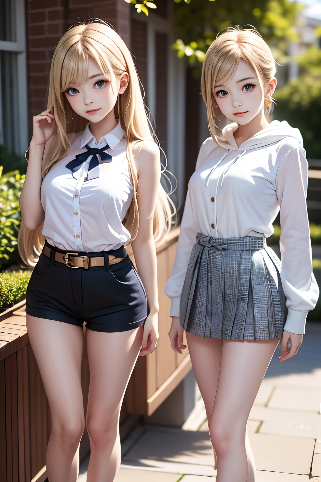 masterpiece,best quality,very detailed,photorealistic,realistic, Ultra High Resolution, Masterpiece,pretty girl,elegant,Age 15,very long blonde,skinny,Completely,slender,(smaller breasts),so cute,hoodie,hotpants,belt,over the knee socks,garden,squirt, correct handshake,Active Poses,Outdoors