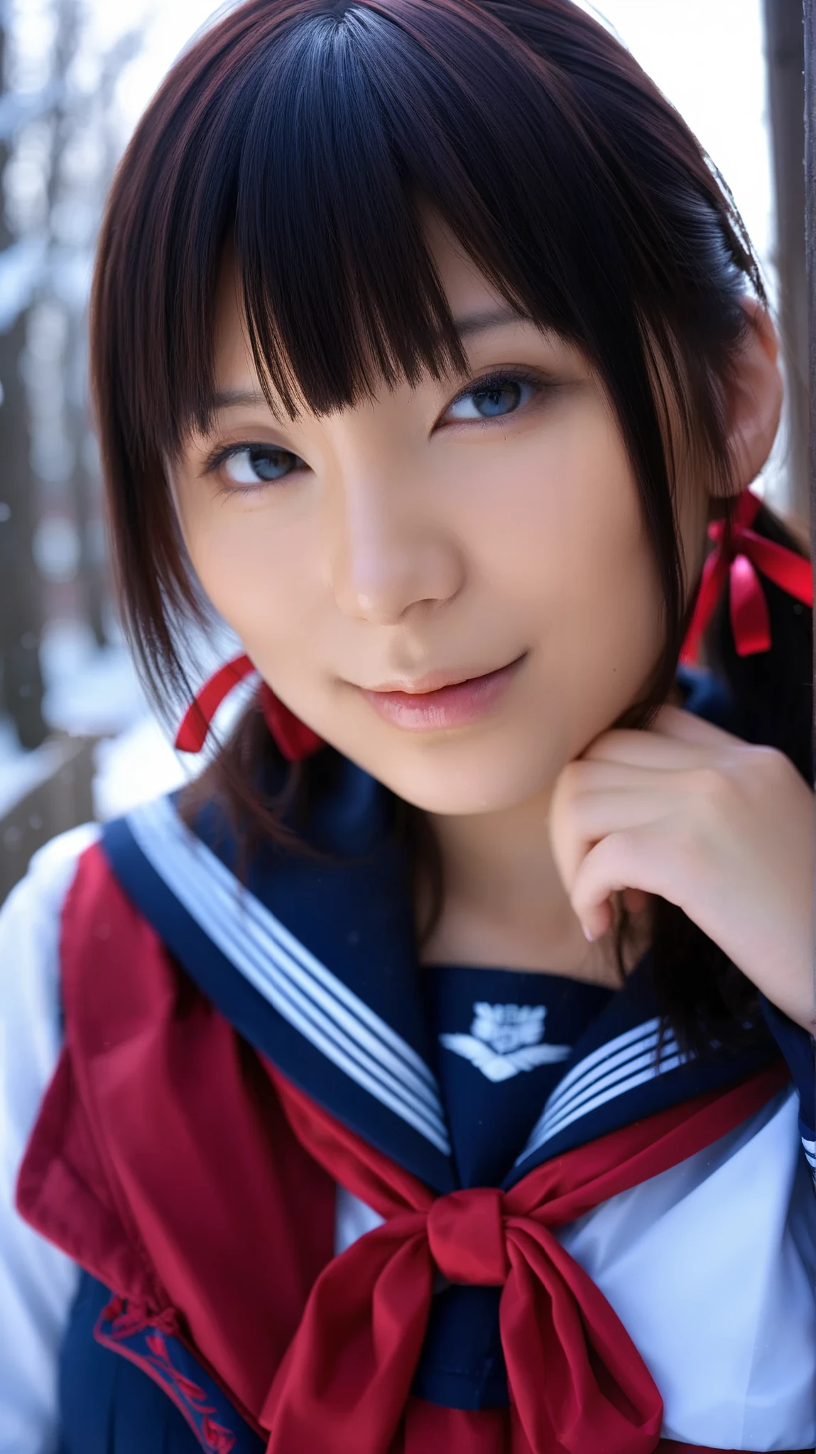 score_9, score_8_up, score_7_up, score_6_up, portrait, good anatomy, masterpiece, Best Quality, realistic, 1 girl, beautiful eyes, beautiful face, detailed eyes and face, dynamic lighting surrounded by snow, in the dark , deep shadow, discreet , cowboy shooting, Closed Mouth, (((schools))), ((medium plump breasts with red ribbon)), sitting, ,
