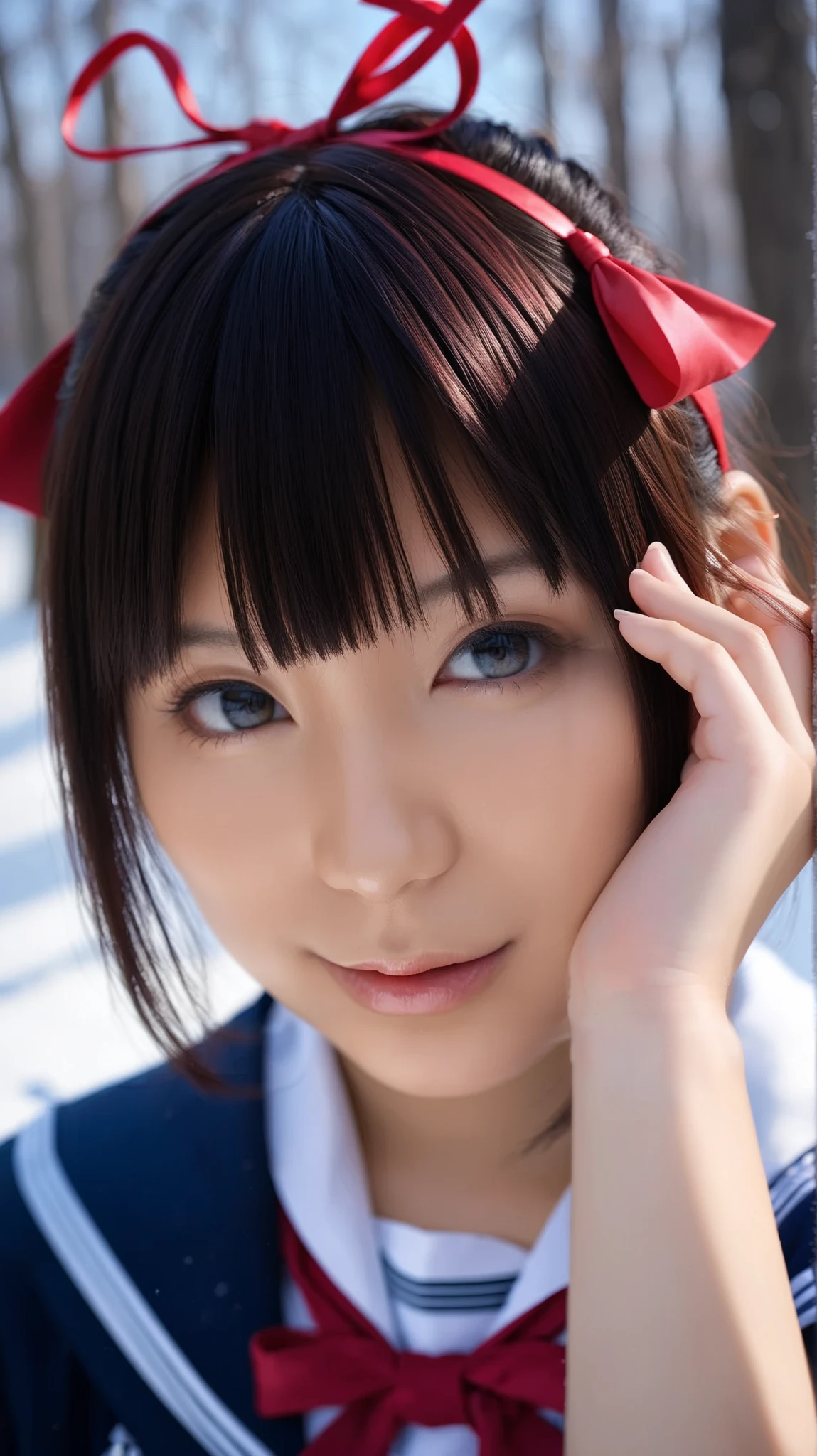 score_9, score_8_up, score_7_up, score_6_up, portrait, good anatomy, masterpiece, Best Quality, realistic, 1 girl, beautiful eyes, beautiful face, detailed eyes and face, dynamic lighting surrounded by snow, in the dark , deep shadow, discreet , cowboy shooting, Closed Mouth, (((schools))), ((medium plump breasts with red ribbon)), sitting, ,