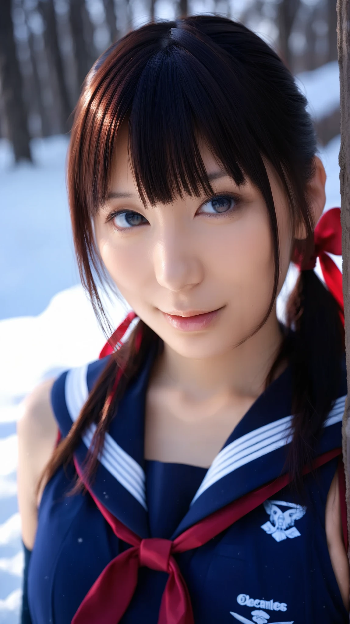 score_9, score_8_up, score_7_up, score_6_up, portrait, good anatomy, masterpiece, Best Quality, realistic, 1 girl, beautiful eyes, beautiful face, detailed eyes and face, dynamic lighting surrounded by snow, in the dark , deep shadow, discreet , cowboy shooting, Closed Mouth, (((schools))), ((medium plump breasts with red ribbon)), sitting, ,