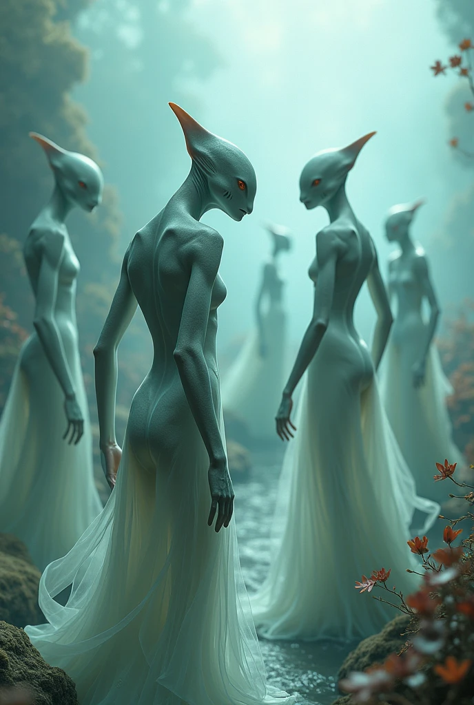 Transparent ethereal alien creatures,The scene is,Full body like, highly detailed surreal vfx,oc rendered,Shot with 70 mm - AR 16:9 --q 2 --s 1000