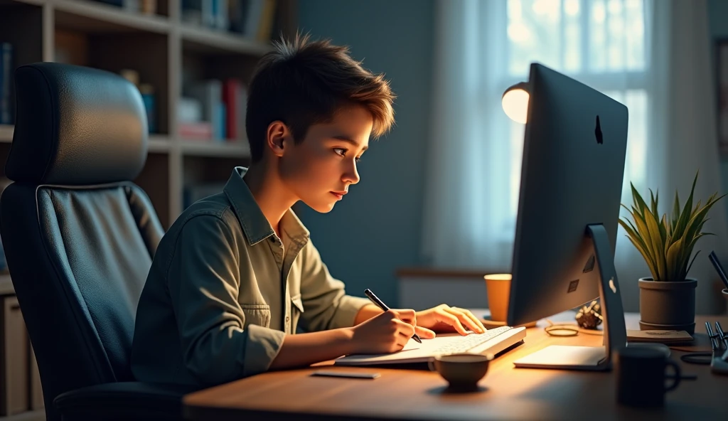 A 15 year old boy looking for his future in computer science in library nearby river with realistic enhancement