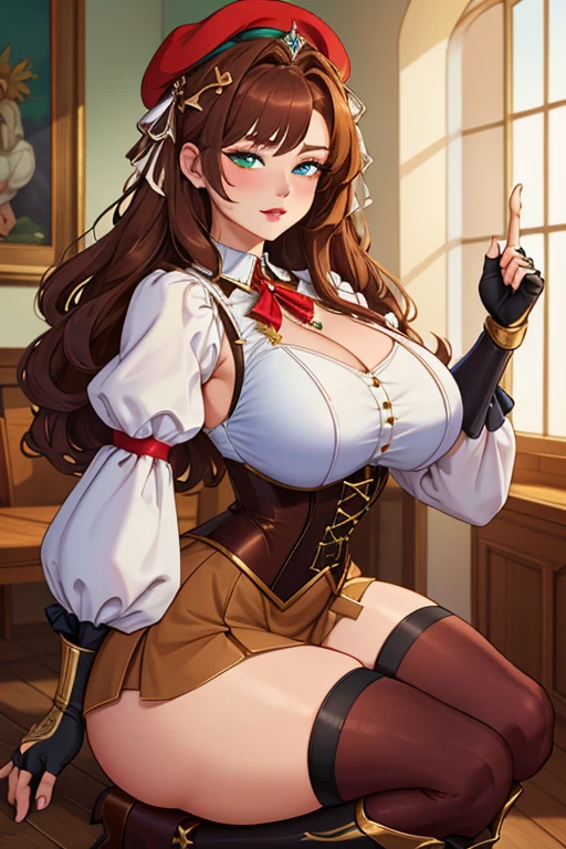 a 25 year old Italian girl with super gigantic breasts wears a consisting of a torn blouse that cannot contain her breasts and a miniskirt, she has a slave collar she is happy, very long brown hair, scoastic scenario
