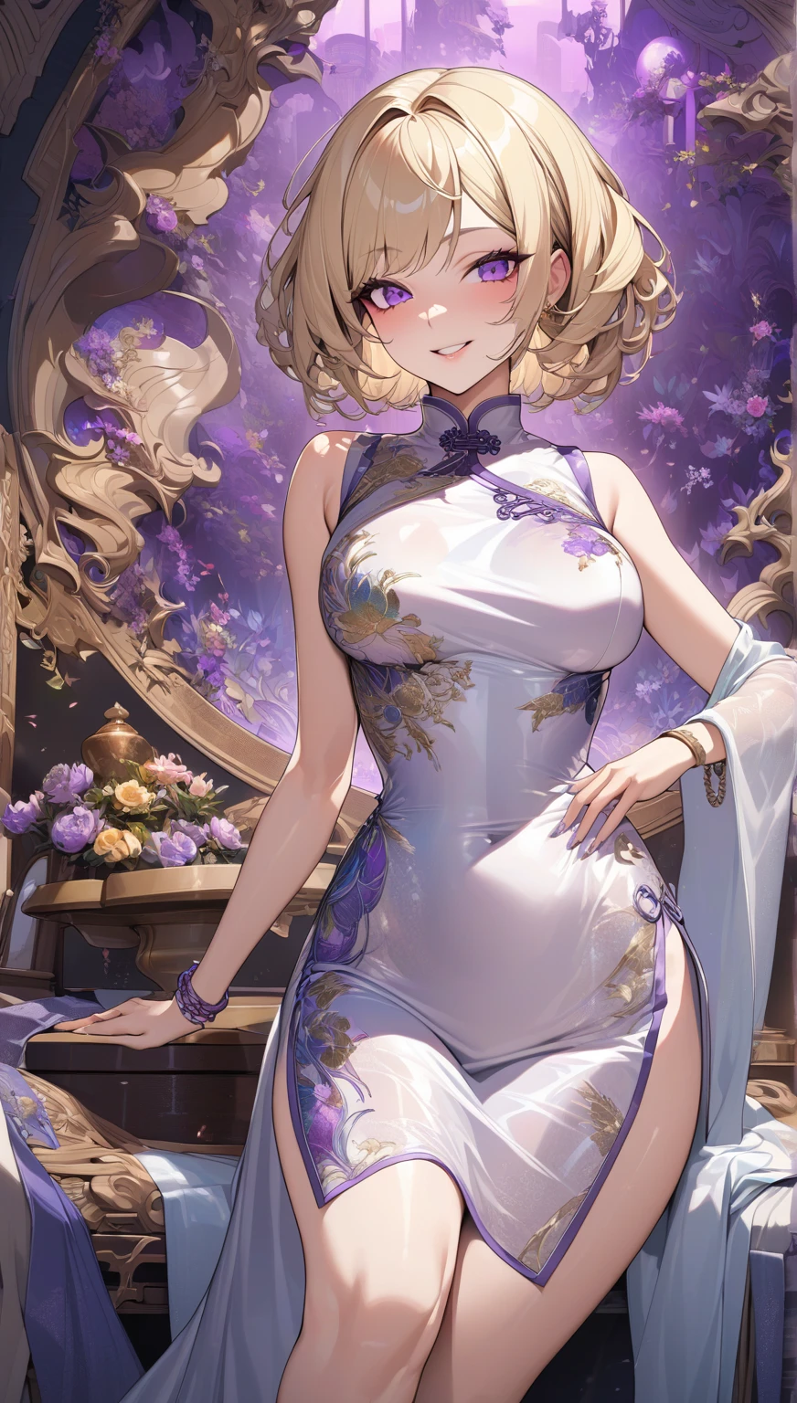 Large Breasts、Cleavage、smile、 1 rapariga:1.8、purple cheongsam、Purple hair ornament、Bun head、Purple Fan、Purple Glitter High Heels、Chinese whitebackground、(PastelColors:0.3)、(Cute illustration:0.3)、(watercolor paiting:0.5)、