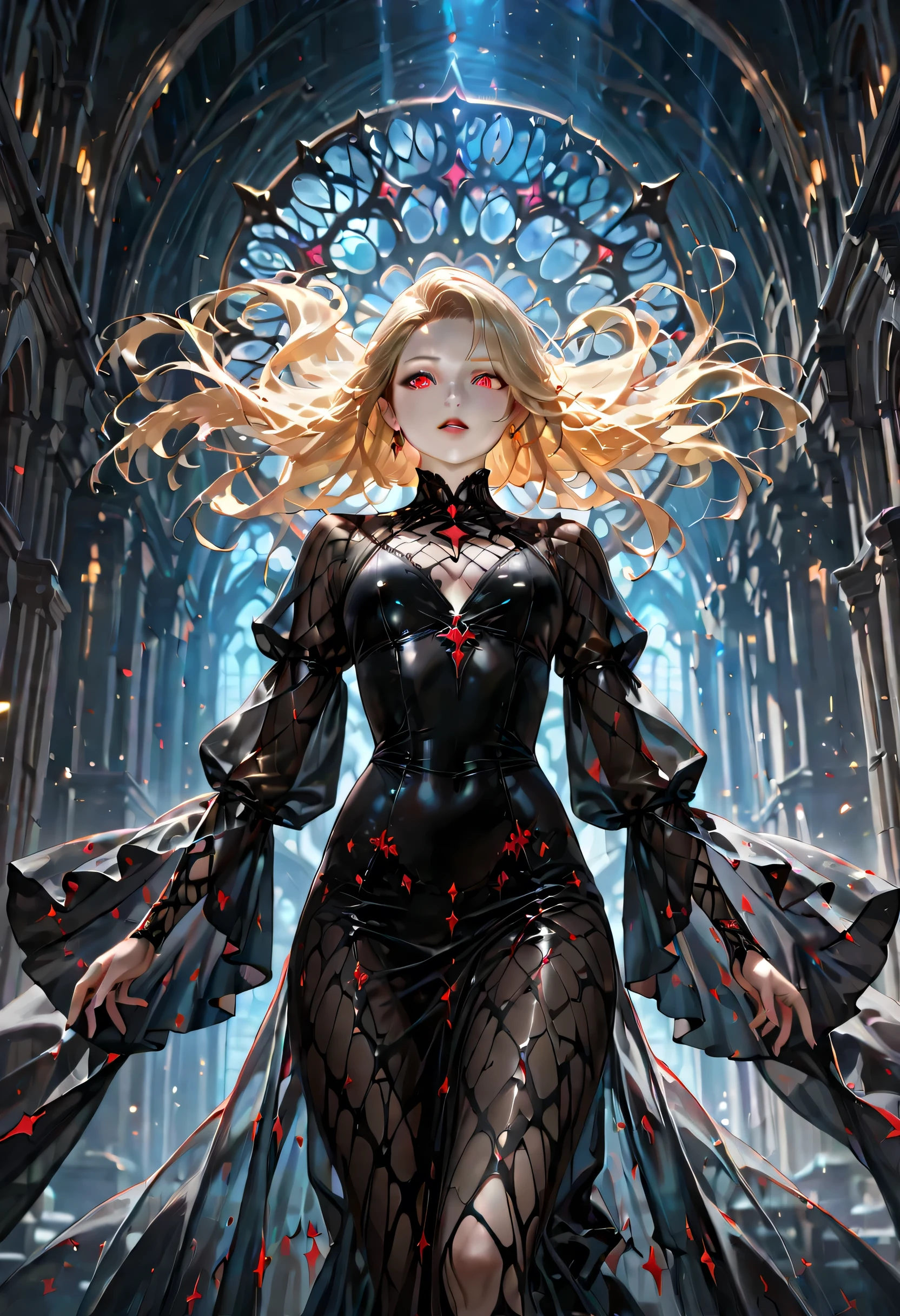 dark fantasy art, a picture of a fantasy, beautiful female vampire, best detailed face,  pale skin, blond hair, glowing eyes, red eyes, wearing black dress, (transparent voile fabric dress: 1.2), intricate dress, it is night time, the moon is in the sky, a sense of eternal love, soft light. moon rays. high details, best quality, 16k, [ultra detailed], masterpiece, best quality, (extremely detailed), ultra wide shot, photorealistic, RAW, fantasy art, dnd art, fantasy art, realistic art,((best quality)), ((masterpiece)), (detailed), perfect face, fantasy, Cinematic Shot