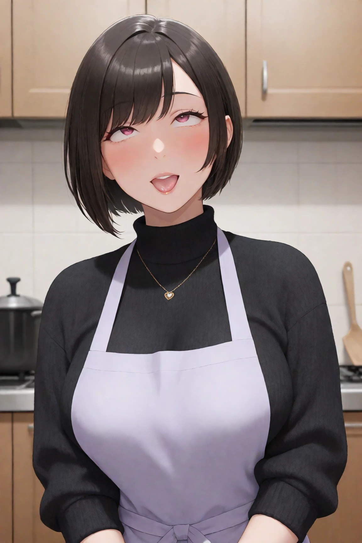 Japanese、bbw、mother、short cut hair、necklace、sweater、apron、has a red face、ahegao、kitchen、best image quality