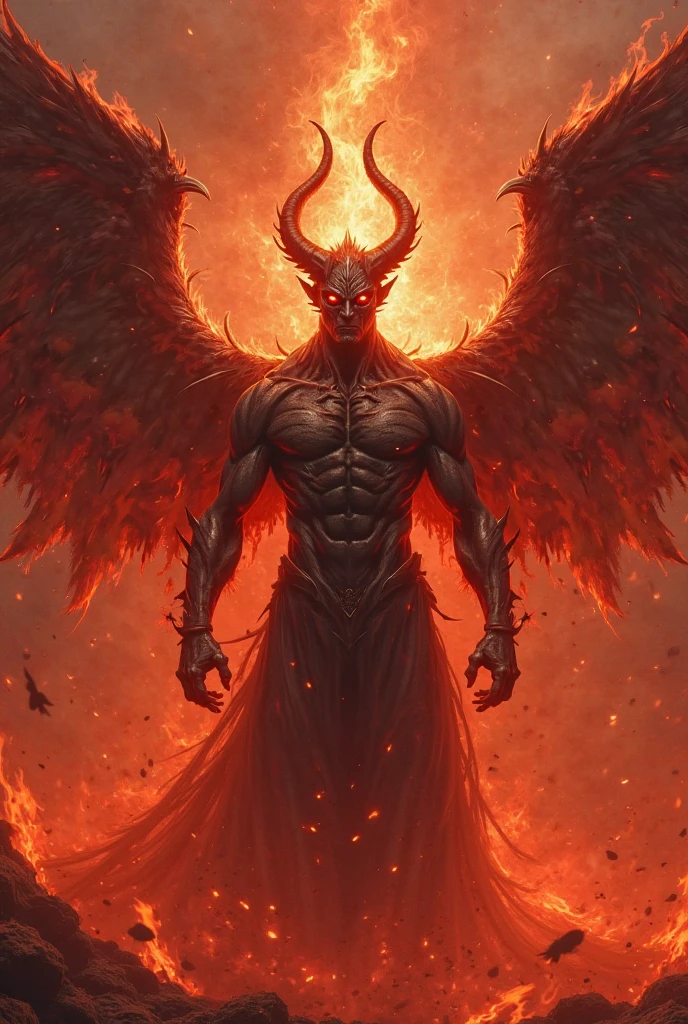 Human face Demon male overpowered evile smile who have a human face have red fire wings