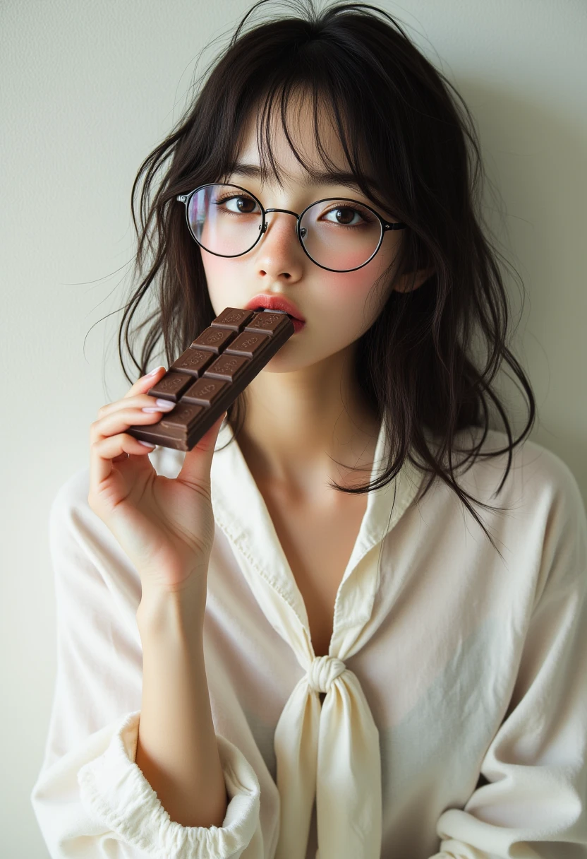 ((best quality)), ((傑best quality、masterpiece、High sensitivity、high resolution、detailed description、depicting a delicate face)),（Slender Woman、wearing glasses、) Loose Ties、stripe shirt、Nibble on a chocolate bar、