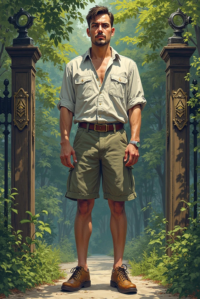 vintage art deco style, perfect simetryc composition, neutral soft colors, a full body,  man, beautifull, gorgeous, perfect realistic detailed muscles, muscled legs, adorable face, taller, masculine gaze, sexi look, sit soft perfect white skin, barefoot, wearing shorts, blue eyes, perfect anatomy, in jungle train travel posters, trending on artstation, sharp focus, studio photo, intricate details, highly detailed, by greg rutkowski, Mysterious
