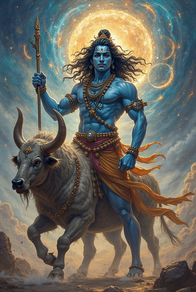 Lord shiva full screen 4k . Take inspiration from Hindi god shiva. Smiling face with his trishul and nandi sitting beside his legs . And a devotee praying him from side