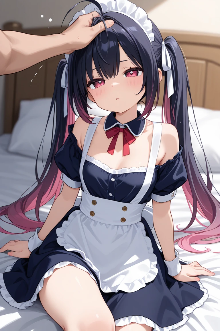 Girl、Black Hair、Pigtails、Embarrassed、blush one&#39;s cheeks、Maid clothes、Maid headdress、Piledriver、legs up、White lace panties、Panty stain、The crotch area is damp、Butt