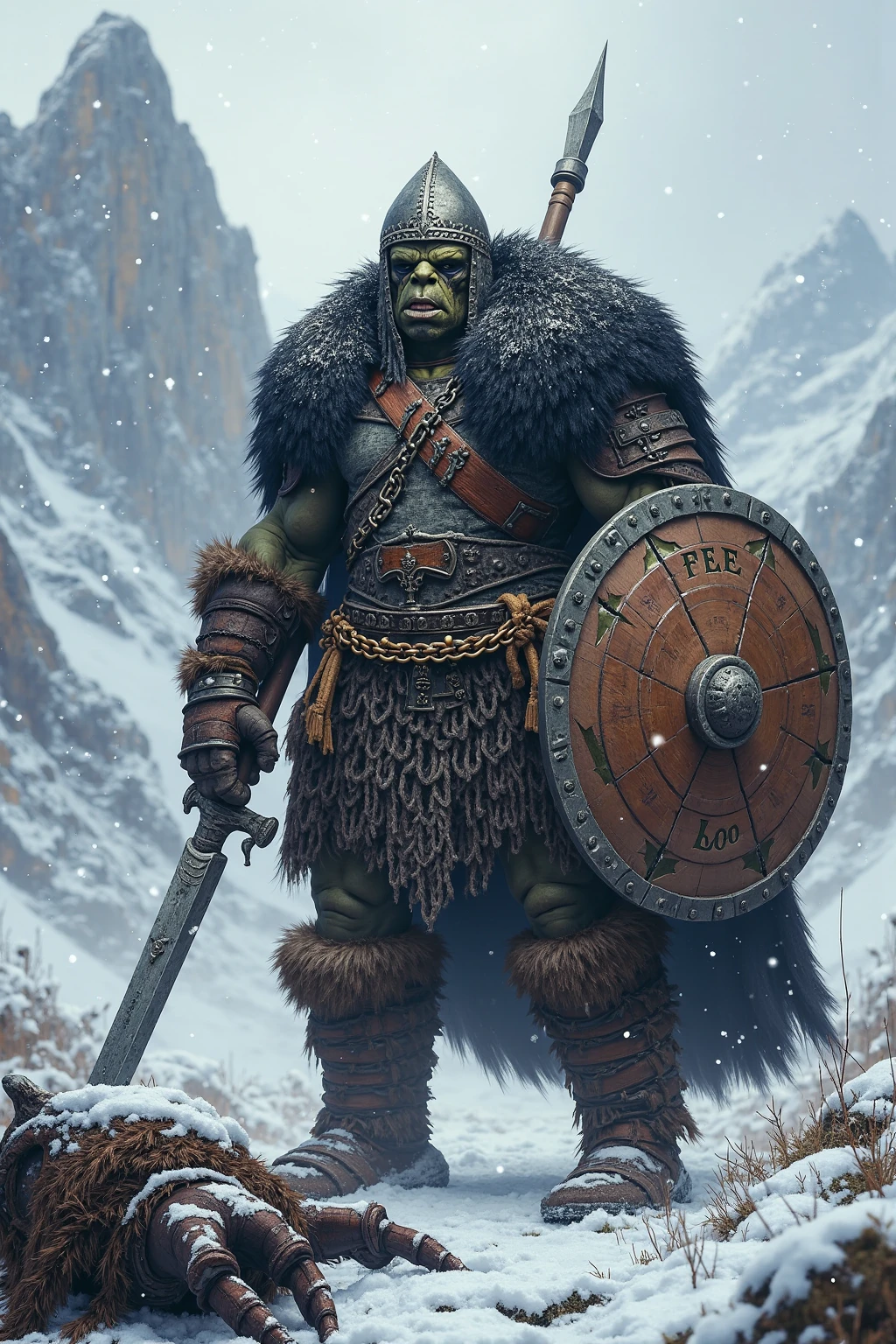 Like a Viking with a dark green skin color, wearing a t-rex skull and holding an axe You have clothes on