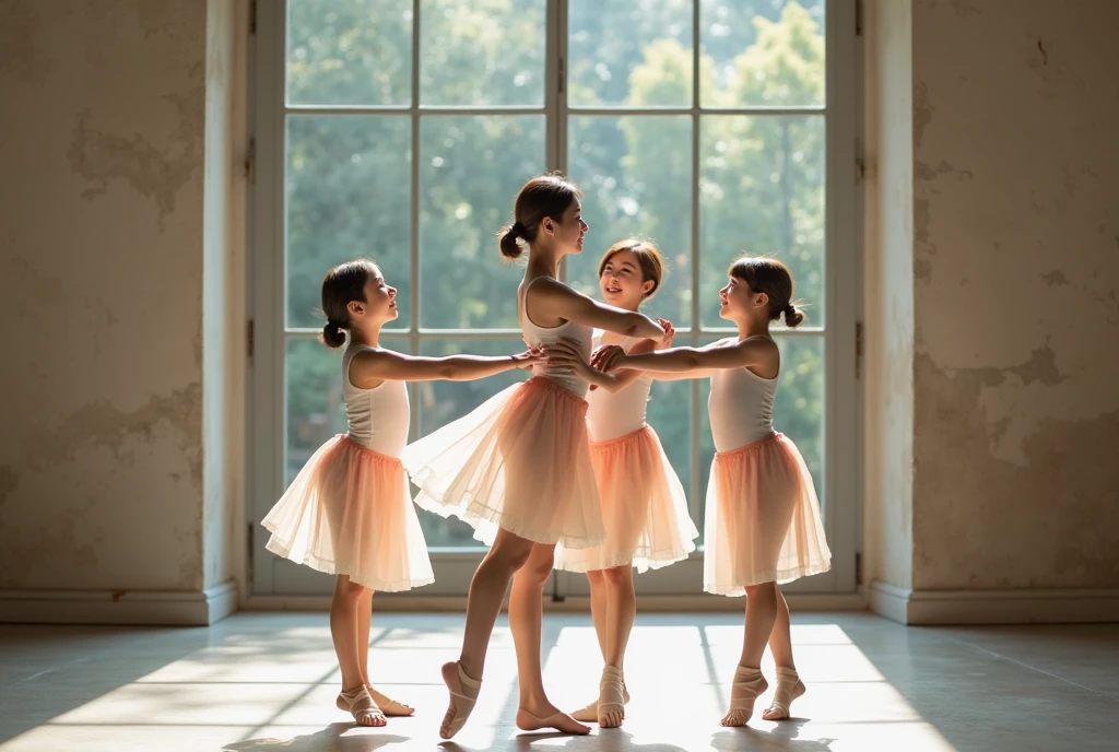 SFW, ExtremelyDetailed (((Ballet Dancer Team Kawaii Kids in a row:1.4))), Childish perfect face, Reflective Eyes, Detailed(Delicate Clothing textures), Corrected Leg to Foot Line, Corrected Childish Hand, Dynamic Joyful Expressions LifeLike Rendering, ((Specular Reflection:0.8)), TopQuality 8K Ultra-detailed masterpiece (ProfessionalPhoto:1.37)(Acutance:0.8),(Luminism:1.28), facing away (from side )