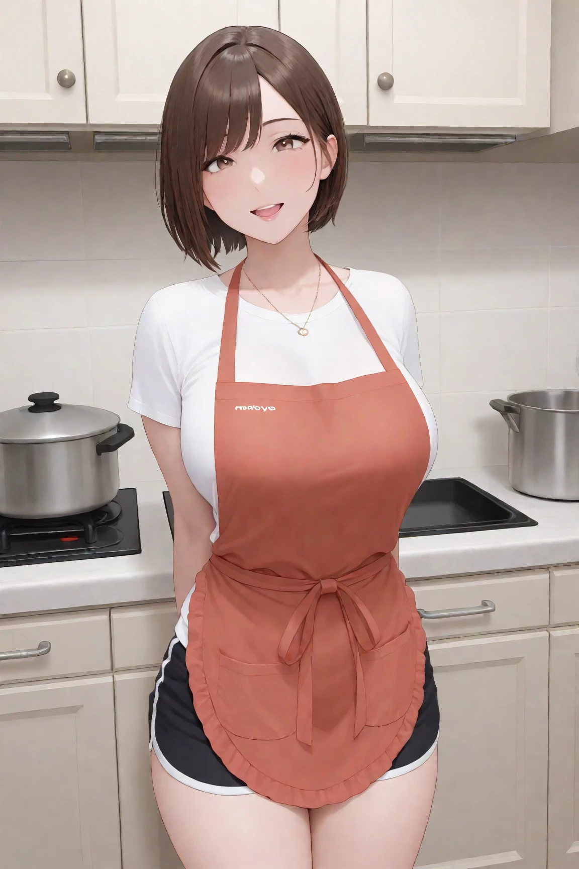 Japanese、bbw、mother、short cut hair、necklace、t-shirts、shorts、apron、has a red face、ahegao、kitchen、best image quality