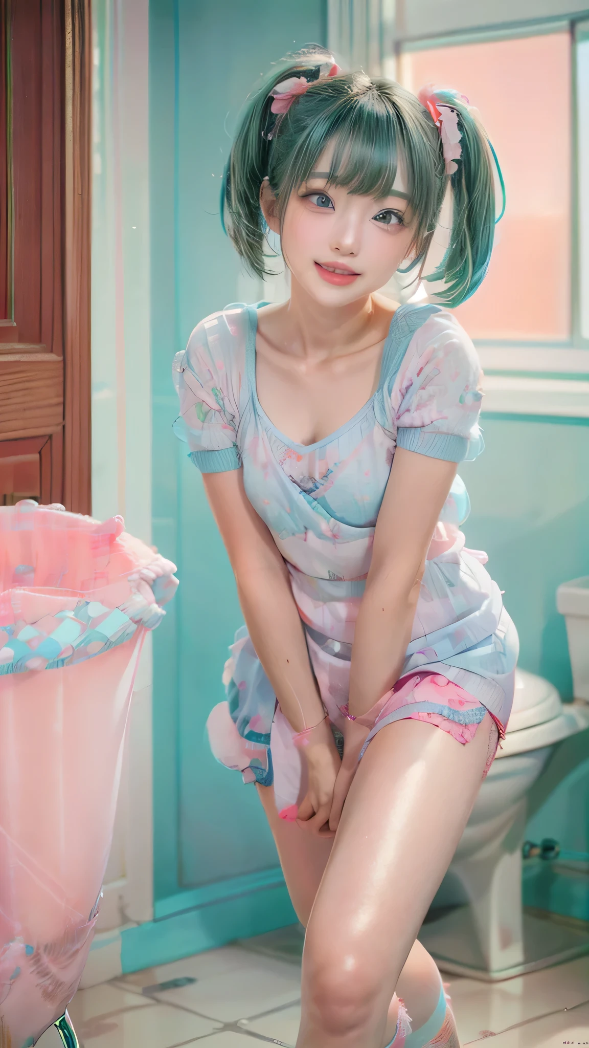 ((Viewer Aim:1.6)),1 girl、(((Brushed Face with a Cheeky and Mean Smile,twin tail hair, beautiful shiny light blue hair :1.6),silver mesh )),((( Slim waist:1.3,beautiful legs:1,thin legs:1))),((Gestures that invite the viewer:1) ,((pink chiffon blouse)),(((pink chiffon blouse:2))),21 years old,(美しい accurate young hand:1,normal breasts:1.3),(top quality,masterpiece:1.3,I can see pink pussy on Super A high resolution,),(very well detailed,caustics),(photorealistic:1.4,RAW shooting) Ultra Realistic Capture ,very detailed,High Resolution 16K Closeup of Human Skin。 Beautiful Skin Texture、, skin must be uniform, healthy shades of human skin 。 Use Natural Light and Color, perfect center part, (((Small private toilet room :1.9,blurry background with sunlight:1.4))),nffs,((pose where you sit on the toilet seat and spread your legs:1))、((shot from the front:1.8))、(((完璧にbeautiful legs:2)))