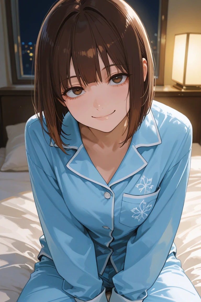 (masterpiece,Illustration Awards:1.3),Professional work,anime,Detailed face,Detailed Description,Blue tones,(Darker Room:1.3),From below,1girl,pov,perspective,Depth of Field,(Closest Face:1.3), BREAK Brown hair,Two Side Up,(Teasing smile:1.3),Office Shirt,pajamas,Cleavage,Flat breasts,Thighs,(Half-open eyes,Squint eyes:1.3),(Petite,li),onbed,On all fours,Looking down, BREAK Saddled on a man's stomach,The face of the girl straddling my belly and staring at me is closest,Depth-aligned placement,