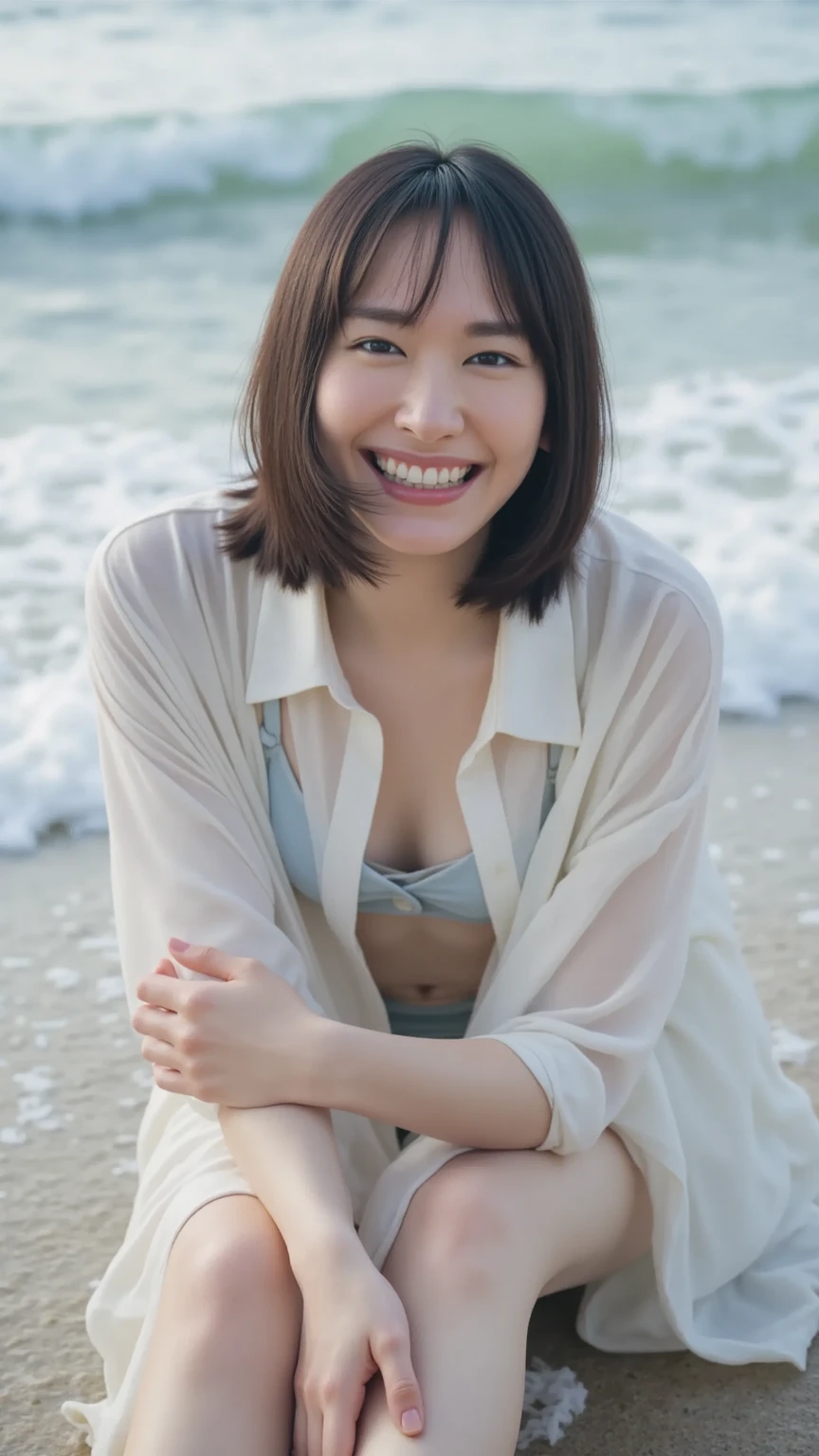 (((One girl,alone))),(Highly realistic photos, High resolution, Detailed face, Beautiful Eyes) Japanese women, 30 years old, Cute Face, Nice body, Medium chest, ,Hairstyle, Healthy Body,Thighs、turn over、Depth of written boundary,panties、Narrow eyes,Light Smile、(ビキニスタイルのBeachバレーユニフォーム),Beach