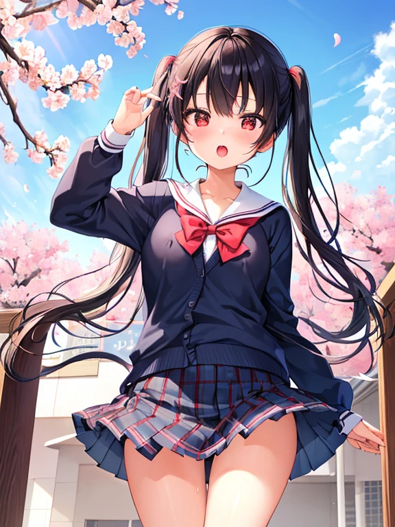 panty shot, ((A single strawberry)), ((Panties with a single strawberry printed on them)), Cover your chest with your arms, super cute, sailor suit, Short pleated skirt, Beautiful Face, ((Slightly embarrassed)), (blow upskirt), (skirt lifted by wind, Skirt flipped by the wind), Super detailed, ((masterpiece, best quality, high resolution)), Highly detailed CG, from below, ((Ichigo 100% character Toujou Aya)), (High quality, high quality texture, Beautiful detailed, fine detailed, extremely details CG), Detailed texture,