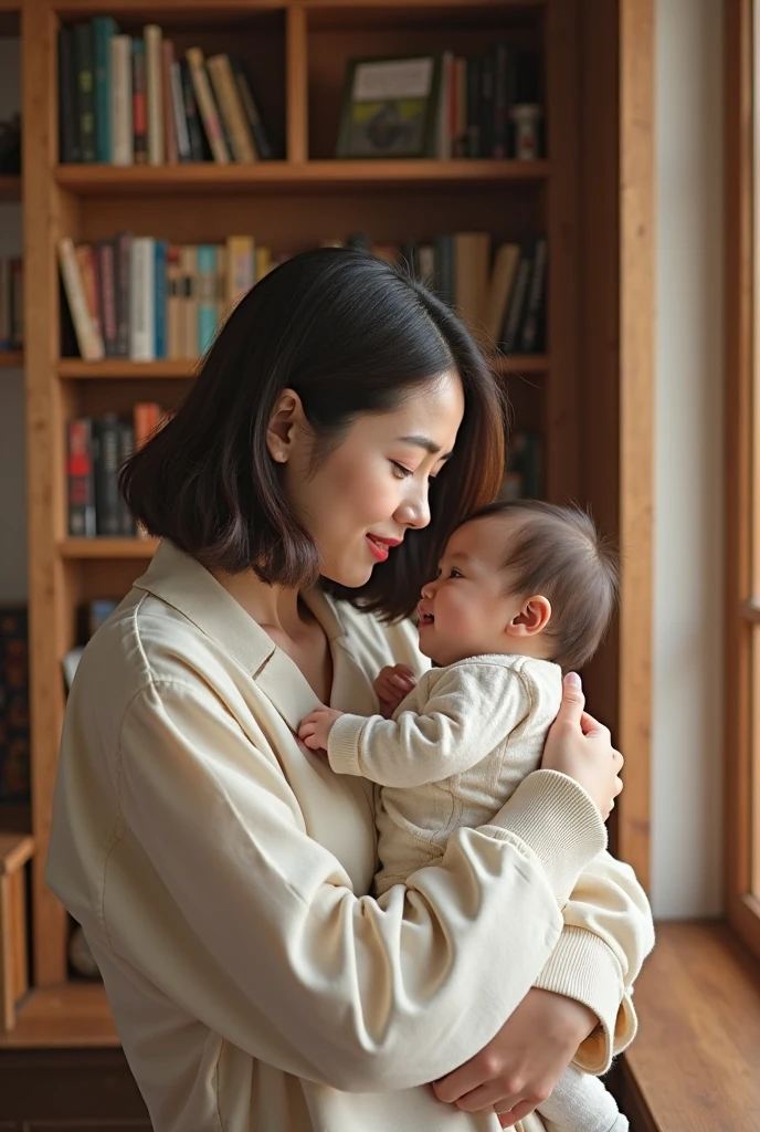 The background is a bookshelf. A woman holding a child. The child is one and a half years old. The woman is looking forward. The woman is a Korean idol with a bob hairstyle. The woman is smiling.