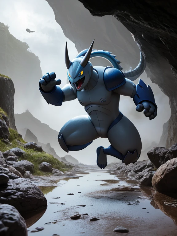 aggron_, nintendo, solo, pokemon, thick diaper, blue eyes, aggron, generation 3 pokemon, pokemon species, grey skin, armor, thick diaper, anthro, small belly, biped, eye scar, facial scar, horn, male,nude, thick diaper, male only,small musclegut, open mouth, pecs, fighting, jumping back, dynamic battle pose, smashing rocks, rocks flying, dust, explosion, standing, artwork, hi res, simple background, video games, dragon type pokemon, male_only, cave scene, stalagtite, puddle, cave lighting,