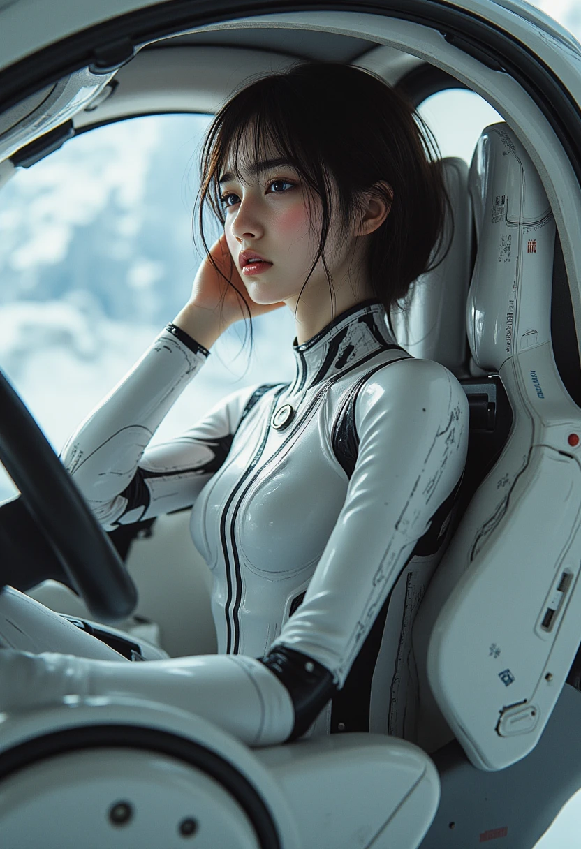 ayanami rei, star_\(sky\), sexy expression, sexy eyes, (red_eyes:1.4), red pupils, medium breasts, smile, cute, short hair, blue hair, plugsuit, white_bodysuit, pilot_suit, starry_sky, on the floor, interface_headset, looking at viewer, (sit pose:1.2), (breast focus:1.2), (realistic:1.2), (cowboy shot: 1.2), (realism), (masterpiece:1.2), (best quality), (ultra detailed), (8k, 4k, intricate), (85mm), light particles, lighting, (highly detailed:1.2), (detailed face:1.2), (gradients), colorful, (detailed eyes:1.2), (detailed sky:1.2), (detailed background), (dynamic angle:1.2), (dynamic pose:1.2), (Line of action:1.2), wide shot, nightlight, solo.