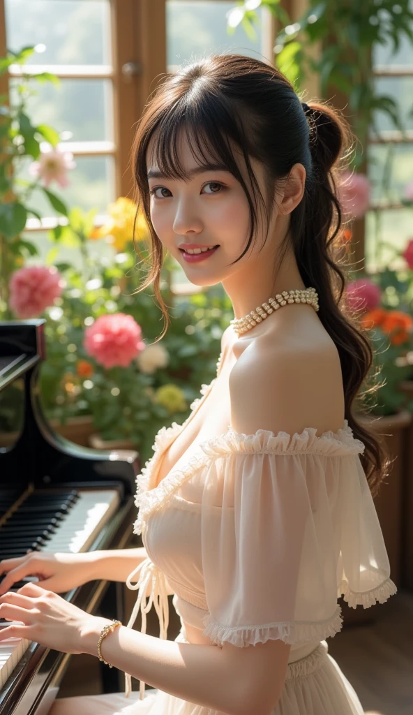 (8k, RAW photos, best quality, High resolution: 1.1), (surreal: 1.4), (realistic, realistic: 1.3), soft light, girl, realistic face, realistic body, realistic skin, absurd, masterpiece, (cute: 1.8), cute, solo, (: 1.2), detailed black eyes, innocent eyes, blush, violinist, (white long dress: 1.2), movie lights, film grains, jewelry, earrings, ((medium hair: 1.1)), (floating hair nova frog style)), cherry lips, headband, hair bow, ponytail, viewer, long hair, open lips, upper teeth, (smiling eyes: 0.6 ), ((grin: 1.2)), depth of field, blurred background, eye focus, bokeh, youth, 85mm lens, f/1.4, professional lighting, youth, photon mapping, radiosity, physically based rendering, braless