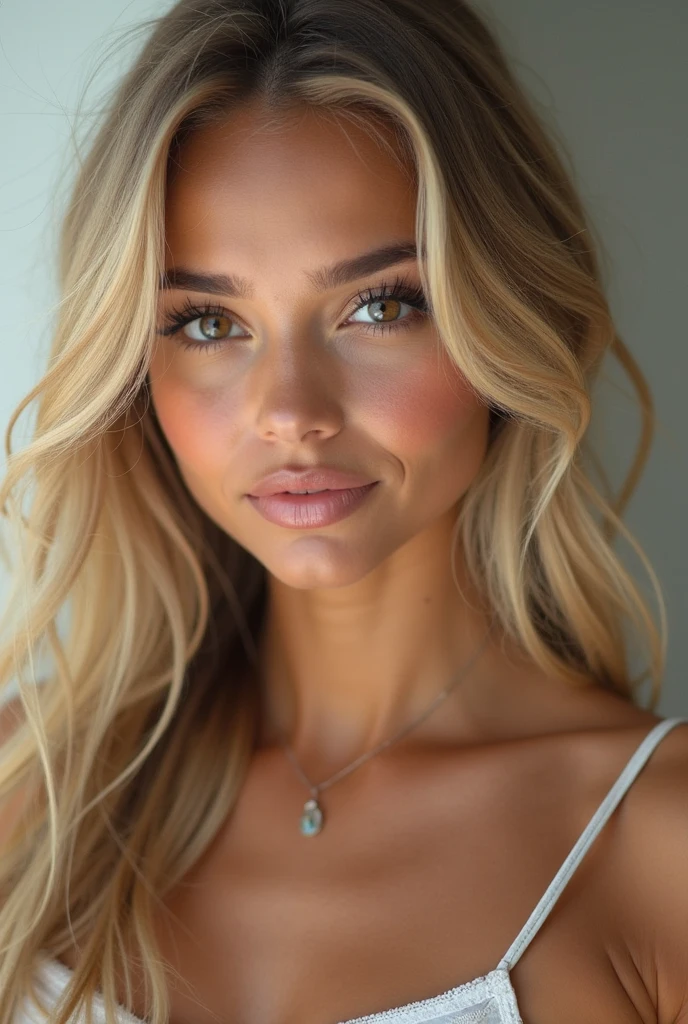 Die kubanische Frau Sandra Malek, curly Blondes Haar, Blondes Haar, Lockige haare, (realistisch:1.5), (augen makeup), photorealistisch, best quality, hyperdetailliert, Nice woman with natural blonde Lockige haare, opened his eyes, ultra high resolution, bester Schatten, ROH, Instagram-LUT, 8 TAUSEND, ROH-Foto, (Sehr detaillierte Haut:1.2), Meisterwerk, (ROH-Foto: 1.2), top quality, Nicees detailliertes Mädchen, Nice woman, 19 year old girl, Nice, sie boob, Gesicht ungerecht, Nahaufnahme, light Smile, schaut direkt in die Kamera, Smile