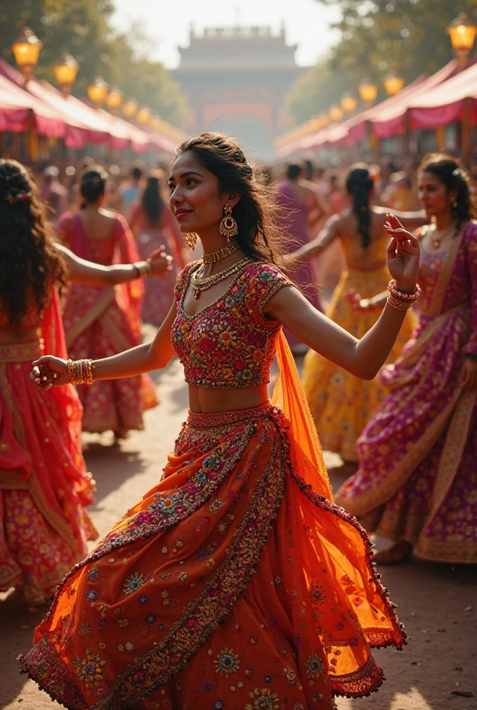Create a group of girl wearing gold jewelery and red saree creating a circular form and dancing in the occasion of teej in the ground of pashupatinath temple