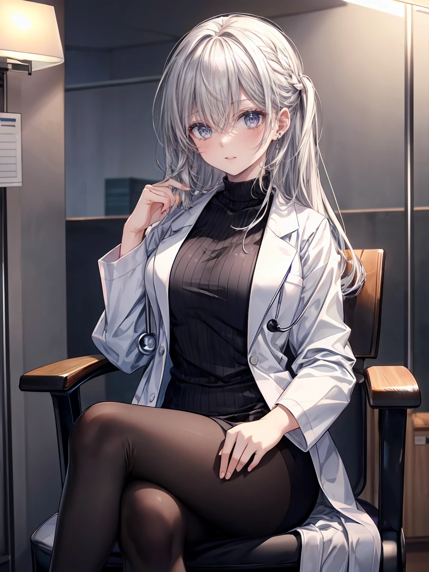 White hair,Long hair, Draped hair, No ponytailed loli, White lab coat, Coat, A cup, head-up to the camera, Facing the camera, In a dark room,Lori sat in a black office chair, with her hands folded on her chest, revealing her legs in black silk, She wears black high heels on her feet,A shy expression His face flushed slightly,Warm red, and her left foot on her right foot,There is a bunch of shiny monitors behind the loli,The display is on a black desk,