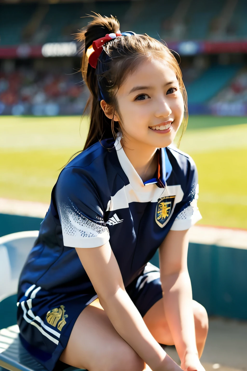 18Cute,cheer by wearing a Japanese national team from Samurai Blue soccer uniform,Cheering at the stadium,The expression on the face is cute,dome soccer stadium spectator seats,Sports phハイクオリティ,4K,8k,high resolution,Masterpiece,Super Detail,real,picturesのような,HDR,UHD,Studio Lighting,Ultra Precise Painting,Sharp Focus,Physically Based Rendering,extreme detail,professional to be filmed at,bright colors,Bokeh,サムライブルーのsoccer選手,Holding a trophy, sitting in the audience,Stadium background,happy expression, sports,soccer,portrait,pictures