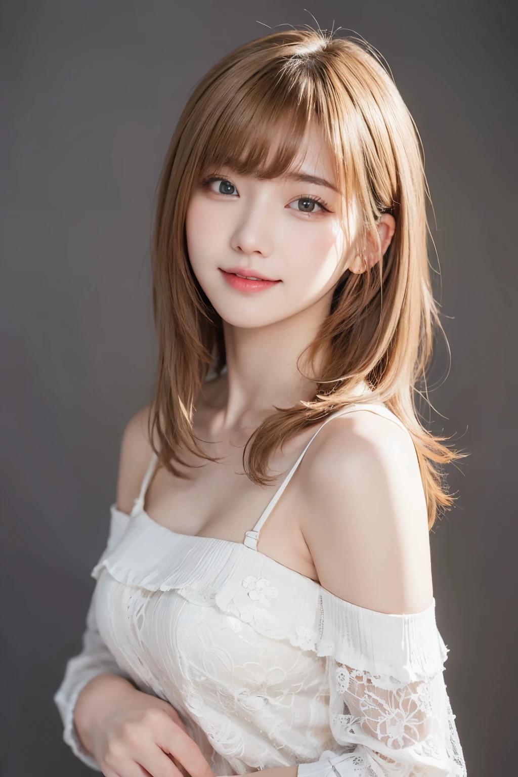 ((highest quality、Masterpiece、High resolution))、(((Zoom photo of upper body)))、(A shy smile:1.2)、One 15-year-old female、Beautiful Skin、Beautiful Eyes、Shoulder shirt、Trimmed bangs、Blonde Hair