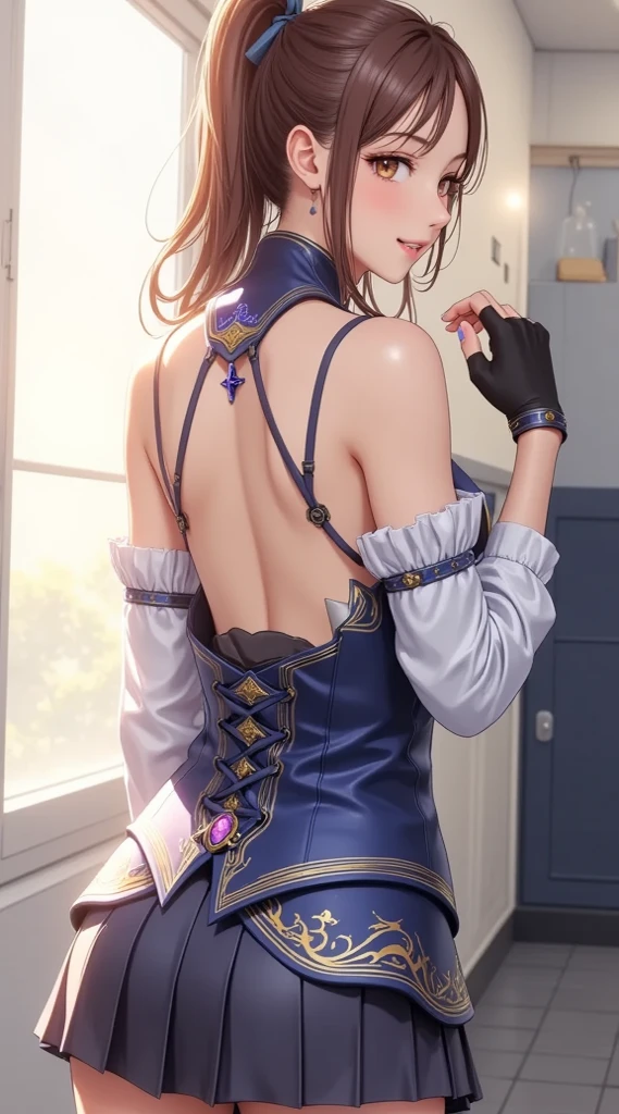 there is a woman in a corset posing for a picture, very tight corset, wearing corset, in a leather corset, blue corset, corset, elegant corset, Mid-shot from the waist up, view From the back, Close-up shot from behind, From the back, West Shot, Rear view, Photo from behind, seen From the back, vests and corsets