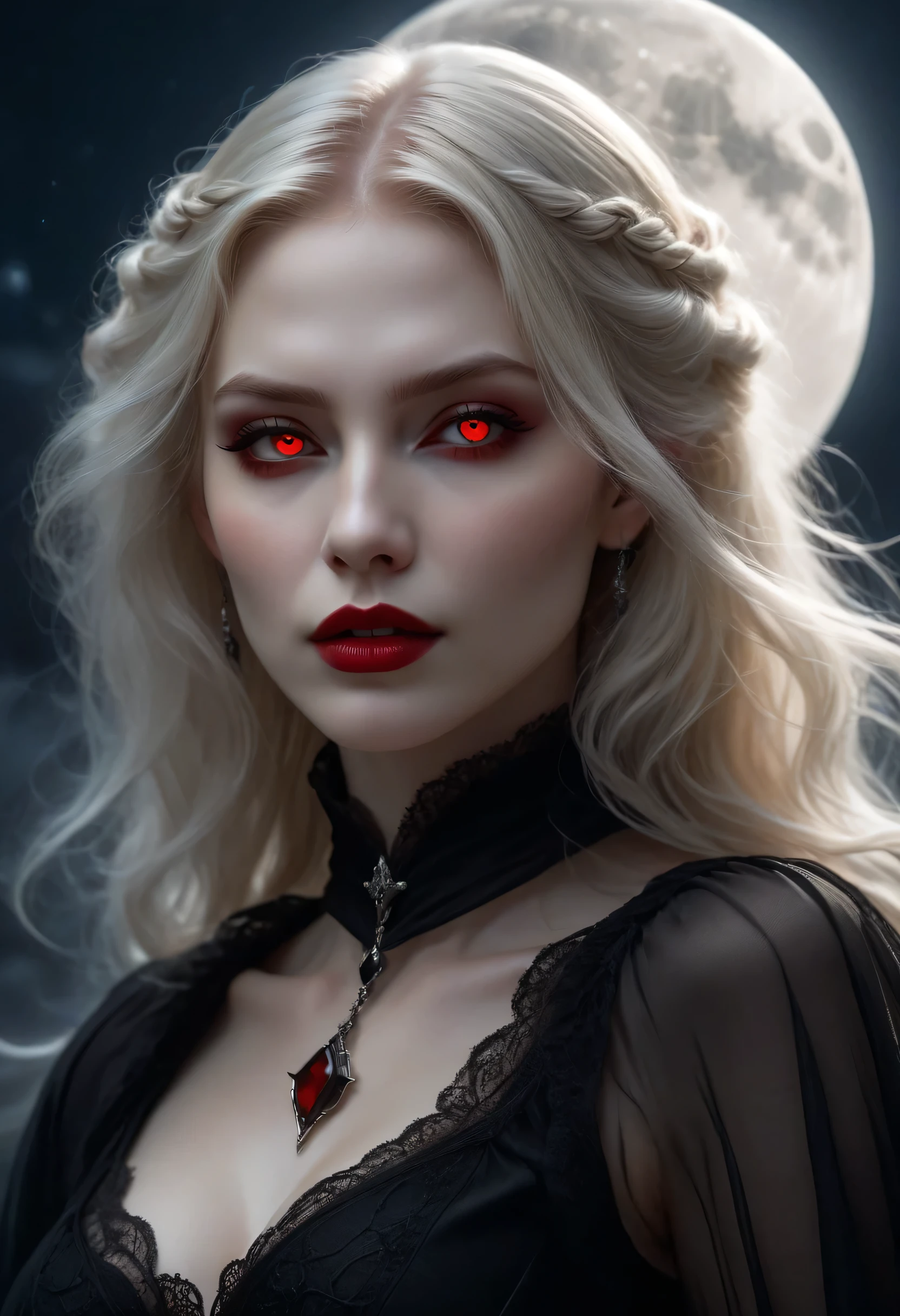 dark fantasy art, a picture of a fantasy, a beautiful female vampire, best detailed face,  pale skin, blond hair, glowing eyes, red eyes, wearing black dress, transparent voile fabric dress, goth dress, small cleavage, intricate dress, it is night time, the moon is in the sky, a sense of eternal love, soft light. moon rays. high details, best quality, 16k, [ultra detailed], masterpiece, best quality, (extremely detailed), close up, ultra wide shot, photorealistic, RAW, fantasy art, dnd art, fantasy art, realistic art,((best quality)), ((masterpiece)), (detailed), perfect face, fantasy