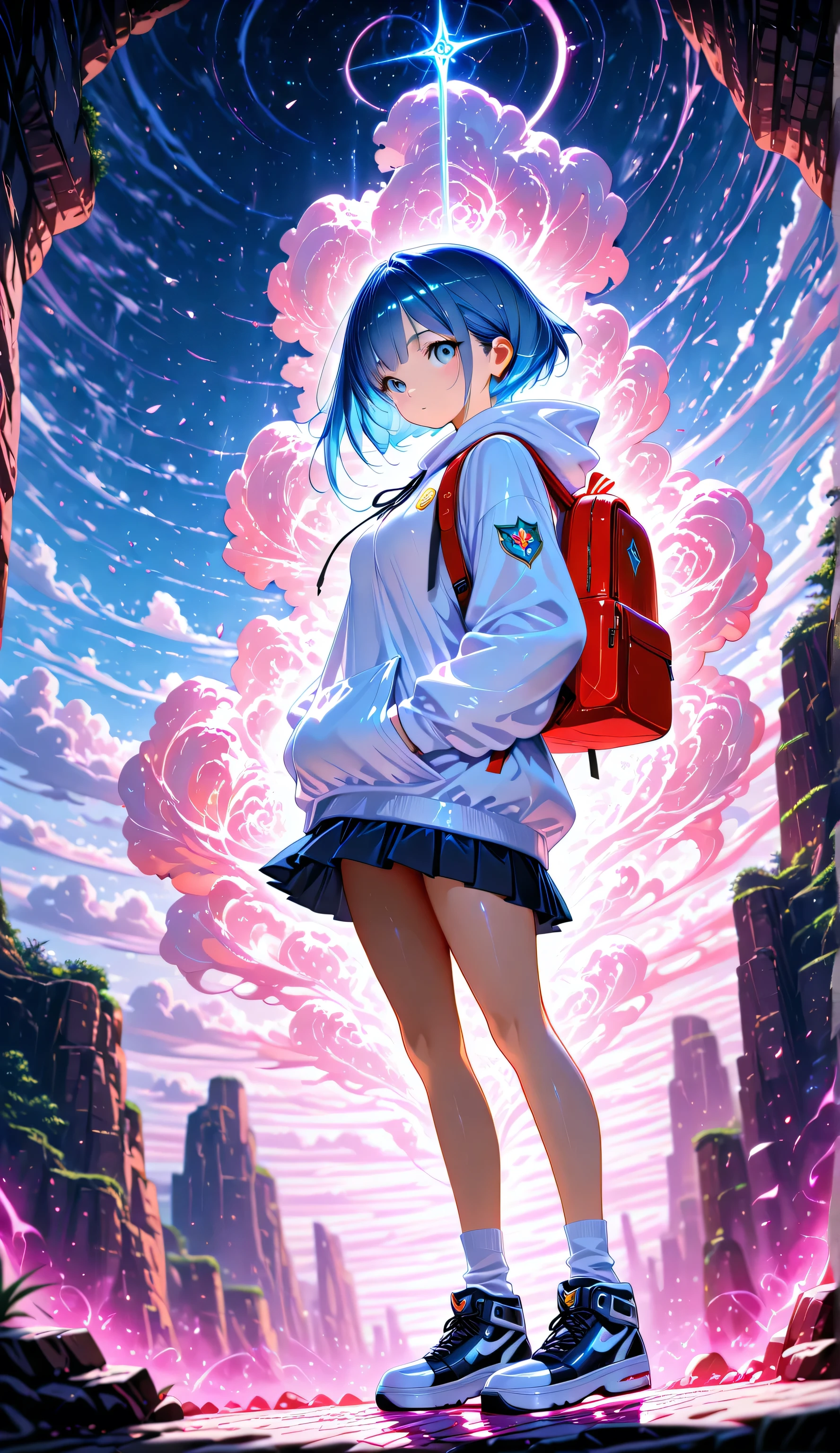 high resolution、Wonderful、best quality、( 1girl :1.5)、uncorrected、超details、details、delicate、natural light、professional lighting、depth of field、Carrying a backpack、Standing on the edge of a cliff、long blue hair flows in the wind。blue eyes and clear black eyes、She's wearing a pink oversized hoodie and a short pleated skirt、her feet are examined with white socks and bright sneakers、wearing a red backpack。 Behind her、steep mountains dotted with large flowers々, a breathtaking landscape spreads out with partly cloudy skies、enjoy a natural yet surreal atmosphere。 beautiful anime artwork、 Lofi Girl 、 anime background by Shitao、Anime Art Wallpaper 4K、Anime Art Wallpaper 4K、 Ross Tran。beautiful anime scene, Anime Art Wallpaper 8k, きれいでdetailsなアニメアート, anime style 4k