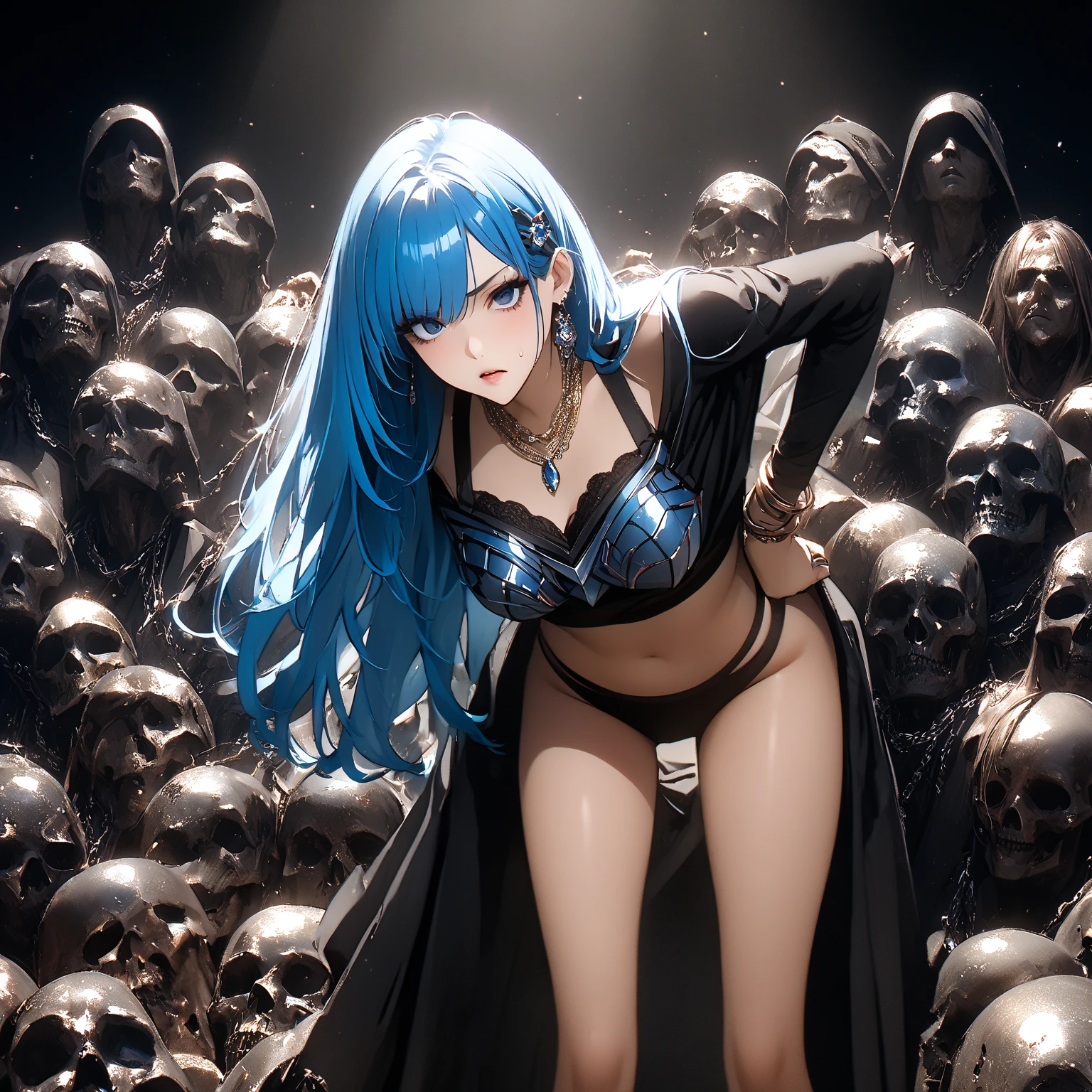 Masterpiece, beautiful composition, ((3 females)), (2 beautiful female demons roughly dominating nun), dynamic shot, ((demon girls)), (dynamic poses, dominating), in dominant pose, strong pose, obedient pose, obedient, scared, bent, head near legs, slim, (chained, tied, golden chain, chain around bodies , chained collar, handcuffs, rough:1.4), leather, (cold light, cold blue tones), flat blue background, highly detailed, best quality, 8k, 